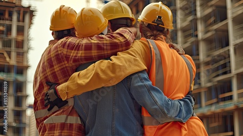 Construction workers embracing in solidarity, wearing helmets and varied work attire