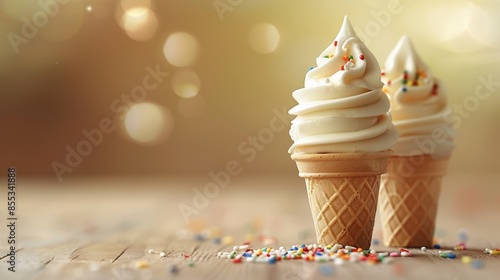 Wallpaper Mural Two delicious vanilla ice cream cones with sprinkles on a wooden surface, perfect for summer refreshment and dessert cravings. Torontodigital.ca