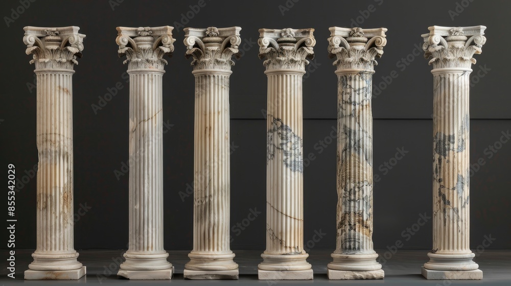 Five classical marble columns with fluted designs and plain capitals Five classical marble columns with fluted designs and plain capitals