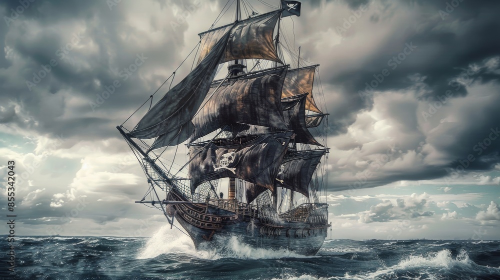 Naklejka premium A pirate ship sails through a stormy sea
