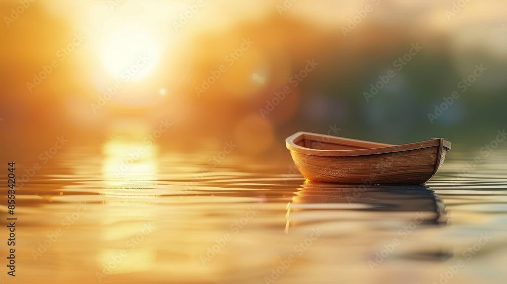 A serene wooden rowboat floats on calm water at sunset, creating a tranquil and picturesque scene with a warm, golden glow. A serene wooden rowboat floats on calm water at sunset, creating a tranquil and picturesque scene with a warm, golden glow.