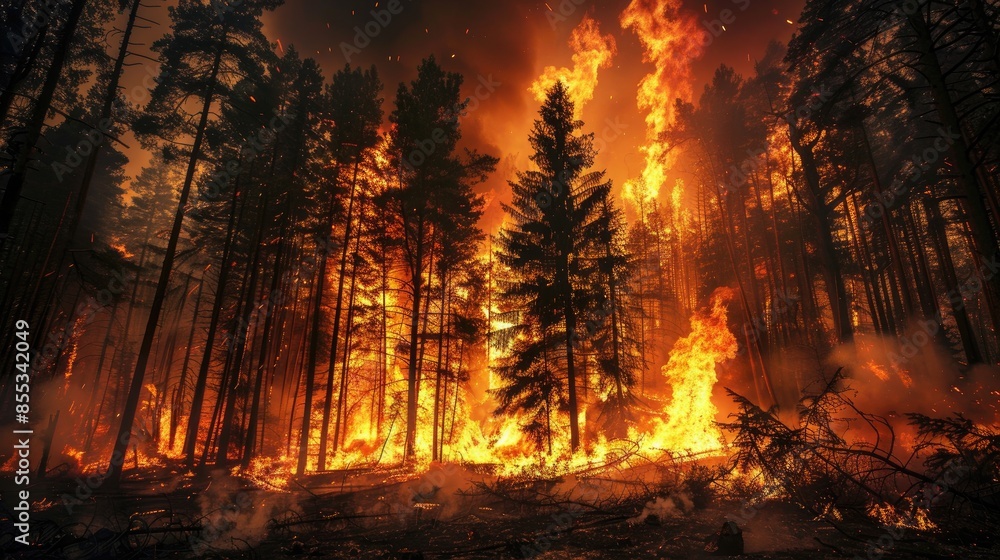 Forest fire at night, intense flames consuming tall trees, dark orange sky Forest fire at night, intense flames consuming tall trees, dark orange sky