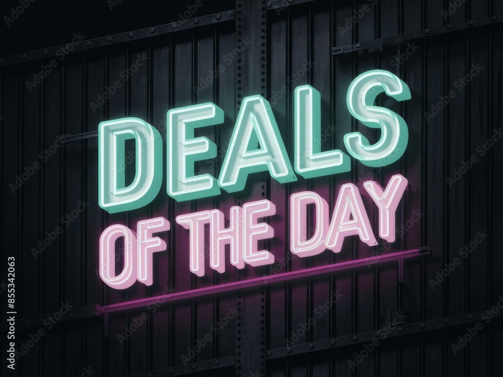 Colorful neon sign with the phrase deals of the day in vibrant green and pink, glowing against a dark industrial backdrop. perfect for eye-catching promotional advertising. Colorful neon sign with the phrase deals of the day in vibrant green and pink, glowing against a dark industrial backdrop. perfect for eye-catching promotional advertising.