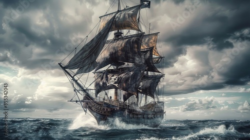 A pirate ship sails through a stormy sea
