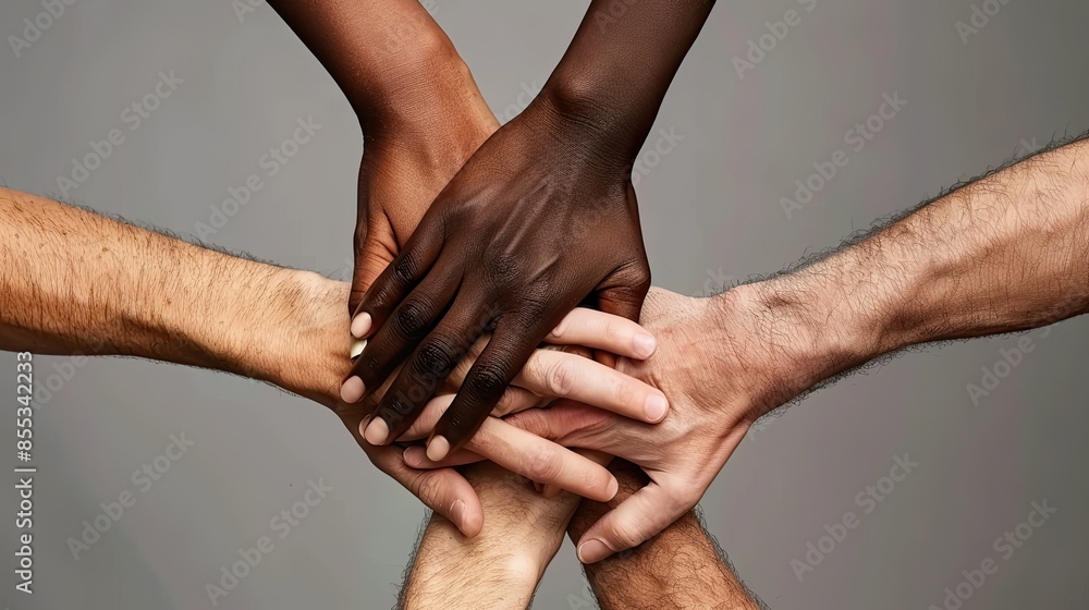 Fototapeta premium Hands joined together in unity, diverse group, teamwork