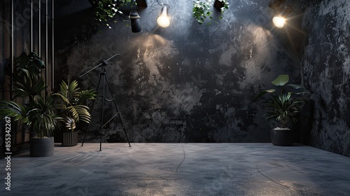 Industrial studio with concrete floor, dark walls, and softbox lighting chiaroscuro effect photo