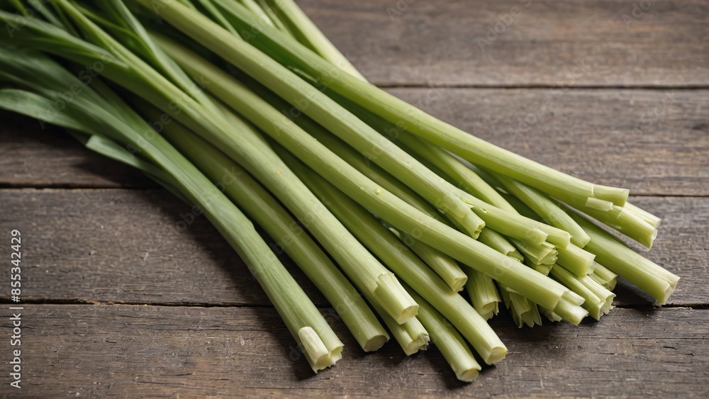 Fresh Green Celery Stalks on Rustic Wooden Tabletop Fresh Green Celery Stalks on Rustic Wooden Tabletop