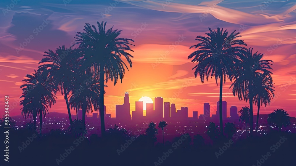 Fototapeta premium Palm Trees Silhouetted Against City Skyline at Sunset