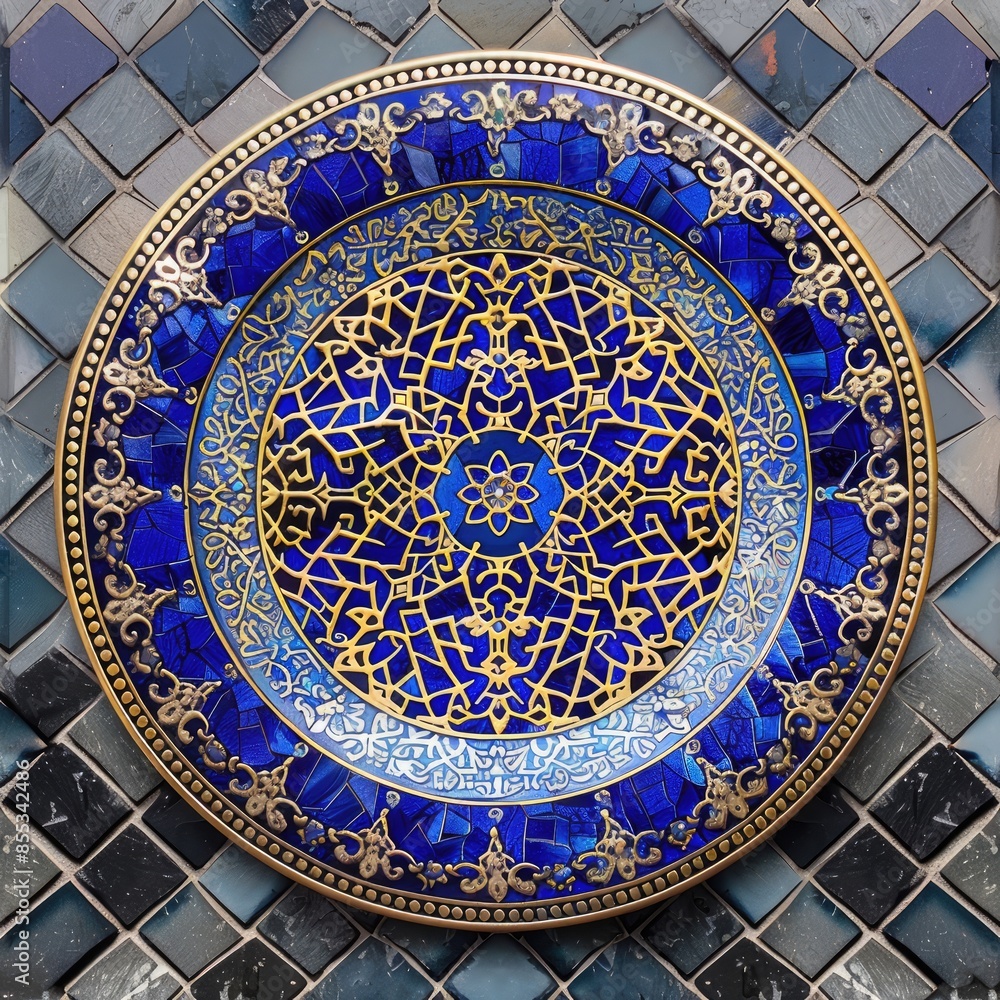 Ornate Blue Plate with Intricate Gold Patterns against Mosaic Background_7424.jpg Ornate Blue Plate with Intricate Gold Patterns against Mosaic Background_7424.jpg