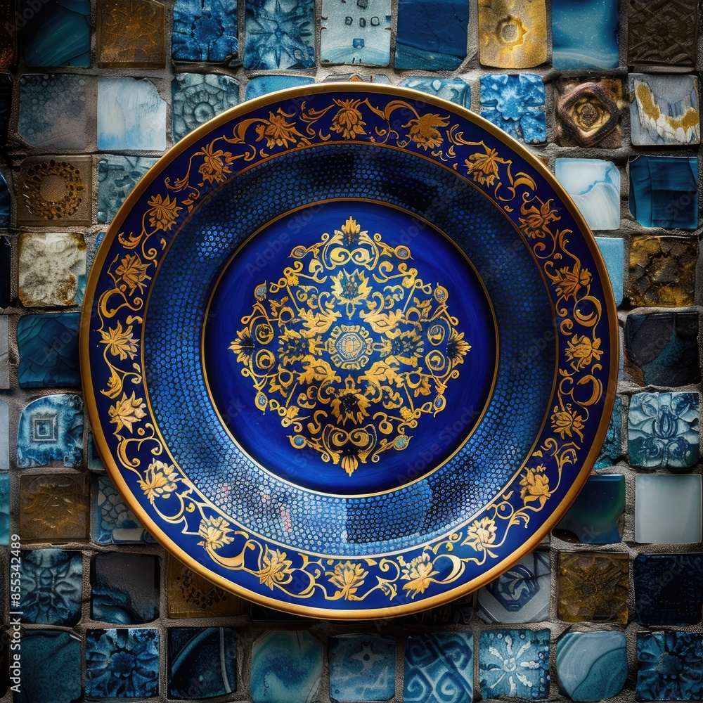 Fototapeta premium Ornate Blue Plate with Intricate Gold Patterns against Mosaic Background_7421.jpg
