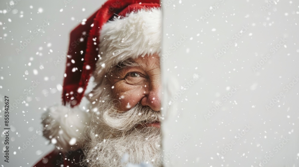Santa Claus peeking from behind a white wall with snowflakes falling Santa Claus peeking from behind a white wall with snowflakes falling