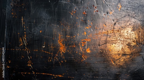 Scratched black metal surface reflecting warm orange light