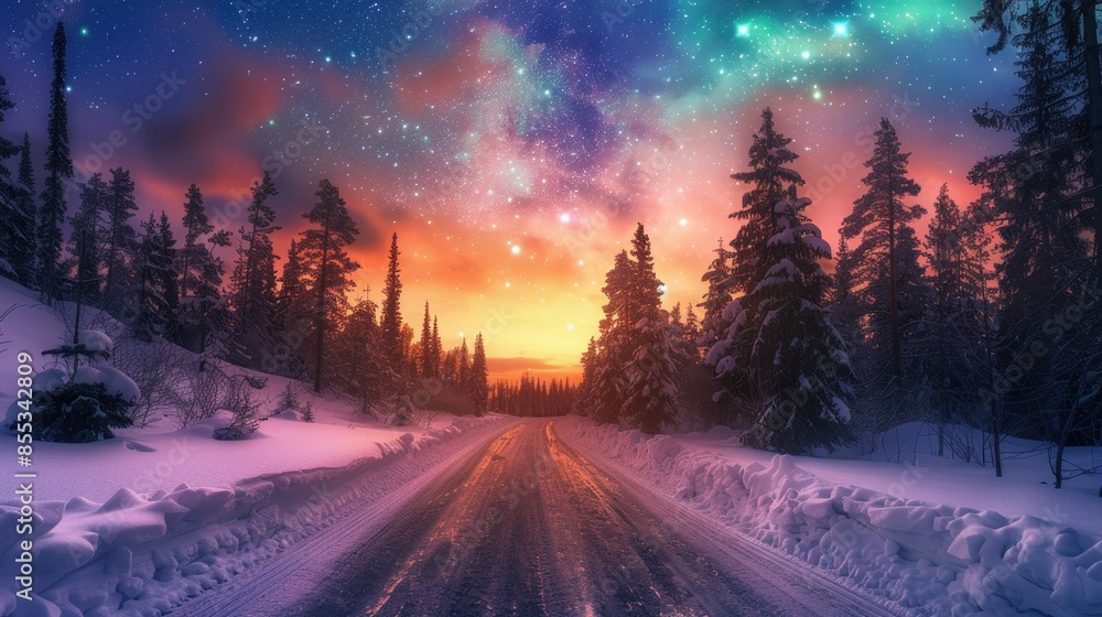 Snow-covered forest road under a starry night sky with vibrant aurora and glowing sunset