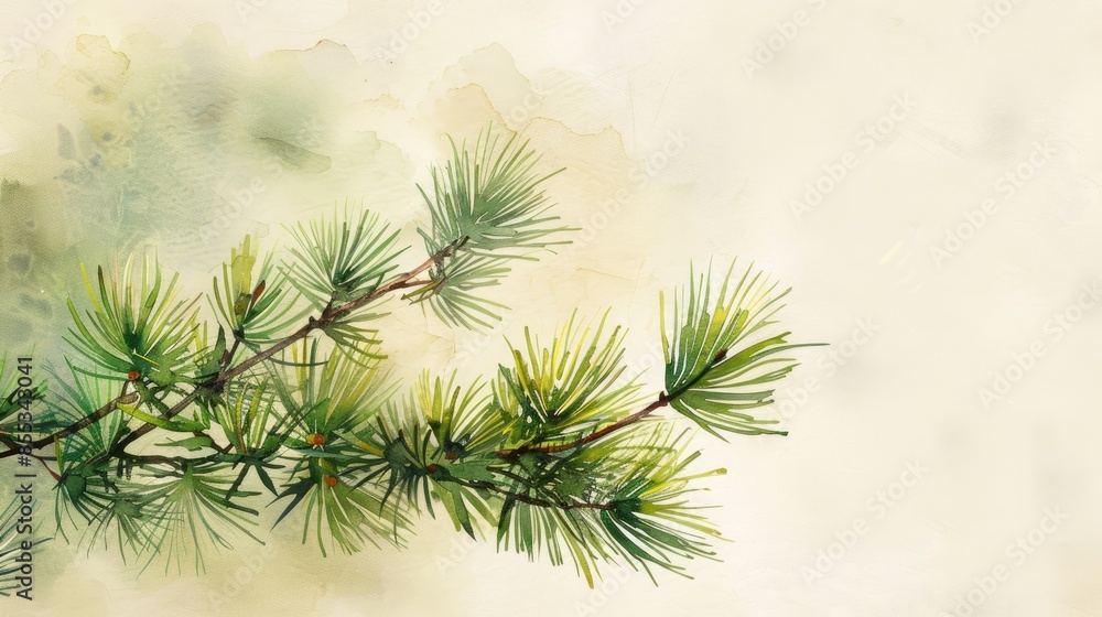 Watercolor pine branch with lush green needles, subtle gradient background Watercolor pine branch with lush green needles, subtle gradient background