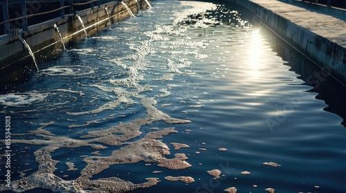 Wallpaper Mural Wastewater Treatment Facility% Aeration tanks with bubbling water and sunlight reflecting on the surface Torontodigital.ca