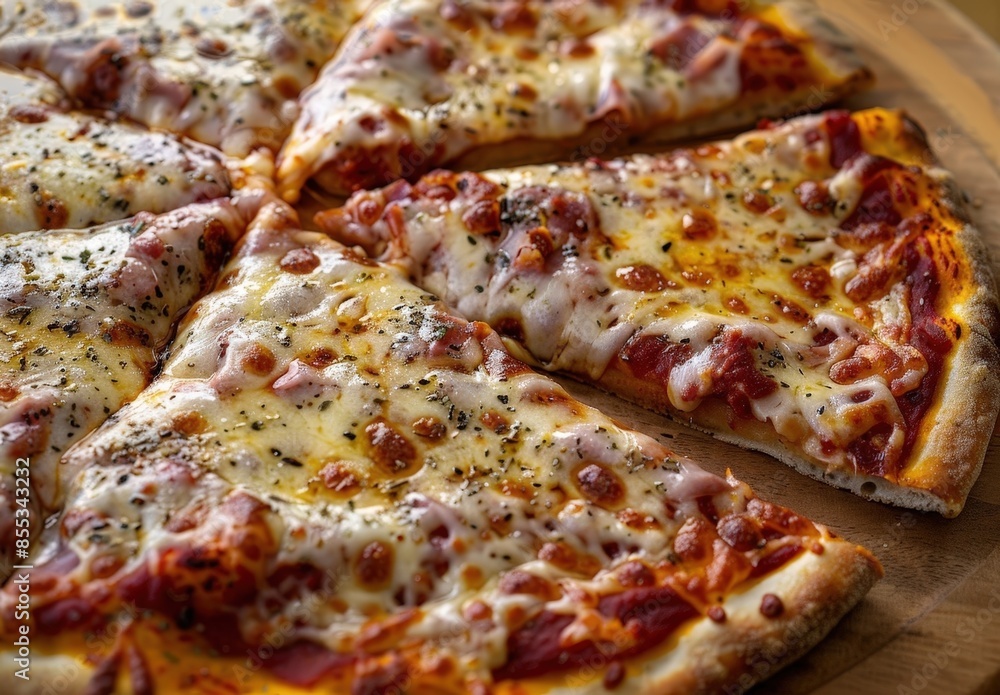 Cheese Pizza with Golden Crust Sliced on a Wooden Table Cheese Pizza with Golden Crust Sliced on a Wooden Table