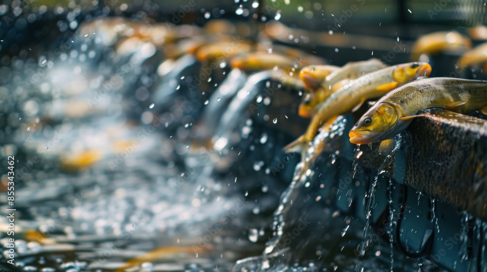Close-up of fish in a hatchery with water flowing, showcasing aquaculture environment and fish farming process. Close-up of fish in a hatchery with water flowing, showcasing aquaculture environment and fish farming process.