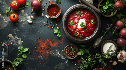 Traditional ukrainian russian borscht soup with sour cream and herbs on black background