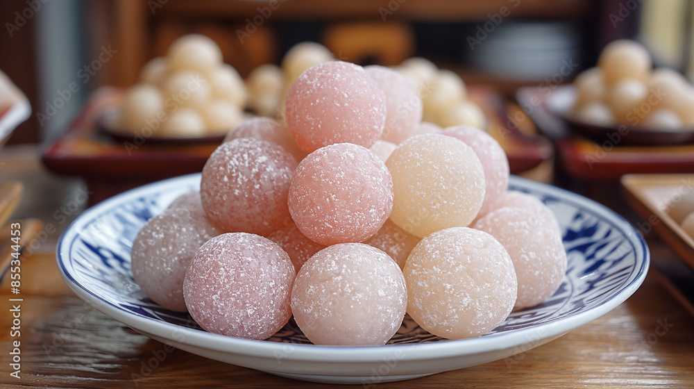 Plate of colorful round candies resting on wooden surface Plate of colorful round candies resting on wooden surface