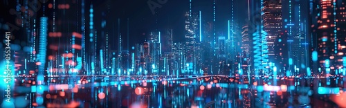 Futuristic city, skyscraper, with wavelengths, abstract color lines, night scene, bright ambience, intricate lights, smart city concept. Digital illustration, mixed media. AI generated illustration