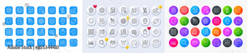 Certificate, Density and Charging time line icons. Square, Gradient, Pin 3d buttons. AI, QA and map pin icons. Pack of Full rotation, Coronavirus, Report icon. Vector