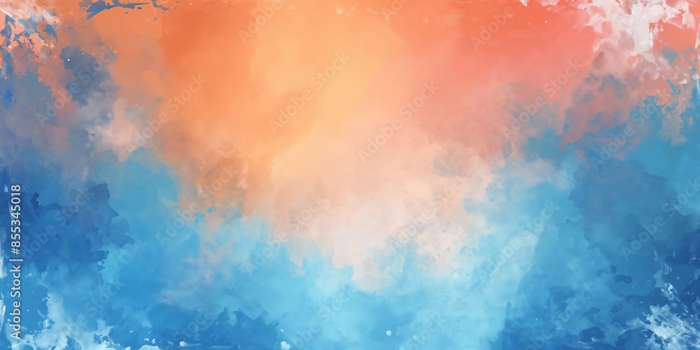 Obraz premium Blue and pink watercolor paint background design with colorful orange pink borders and bright center, watercolor bleed and fringe with vibrant distressed grunge texture