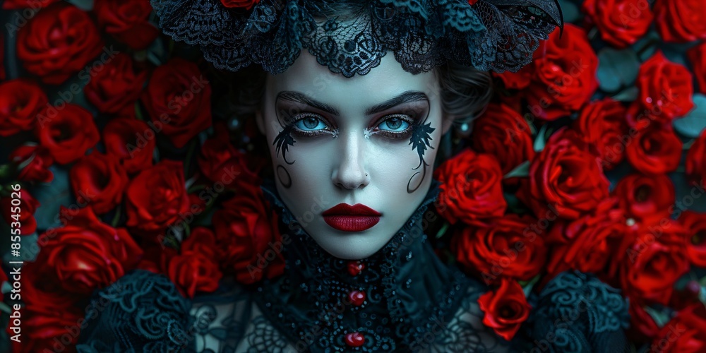 pale gothic style woman surrounded by red roses pale gothic style woman surrounded by red roses