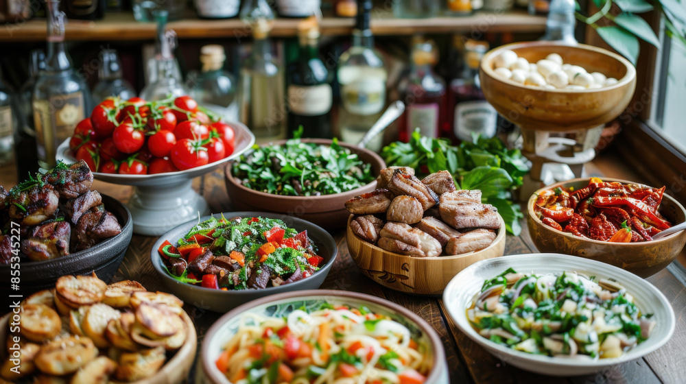 A vibrant spread of Mediterranean dishes including fresh vegetables, meats, and salads, beautifully arranged on a wooden table.