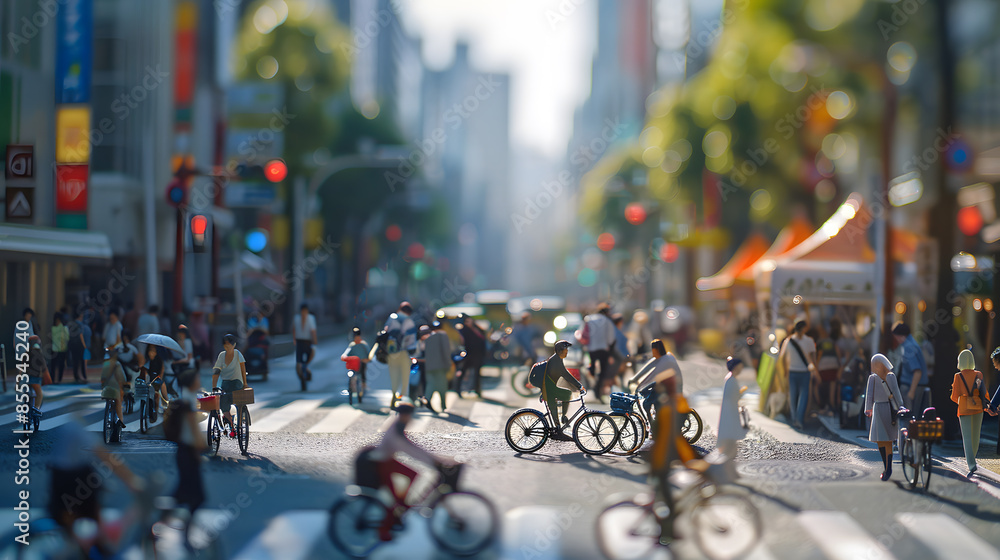 Obraz premium A busy city street with many people and bicycles