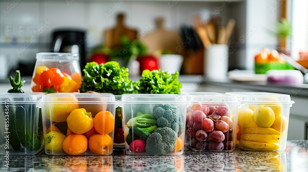 Fresh Assorted Vegetables And Fruits Neatly Organized In Plastic Containers Fresh Assorted Vegetables And Fruits Neatly Organized In Plastic Containers