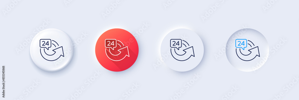 24 hours service line icon. Neumorphic, Red gradient, 3d pin buttons. Repeat every day sign. Refund symbol. Line icons. Neumorphic buttons with outline signs. Vector 24 hours service line icon. Neumorphic, Red gradient, 3d pin buttons. Repeat every day sign. Refund symbol. Line icons. Neumorphic buttons with outline signs. Vector