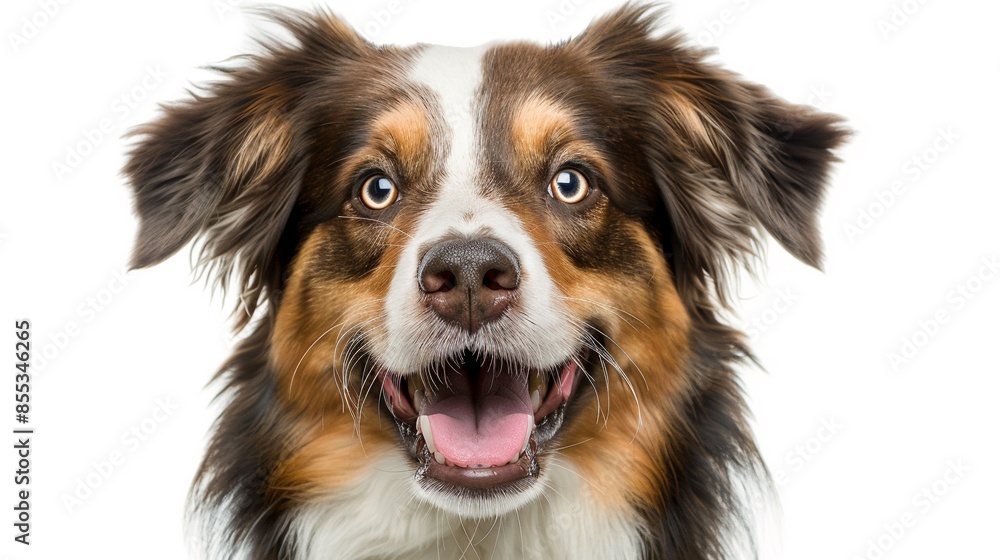 Portrait of a happy cute young Australian shepherd dog puppy isolated on white background, for funny animal portrait, happy smiling dog pet product, dog product display, furry friends, card decoration Portrait of a happy cute young Australian shepherd dog puppy isolated on white background, for funny animal portrait, happy smiling dog pet product, dog product display, furry friends, card decoration