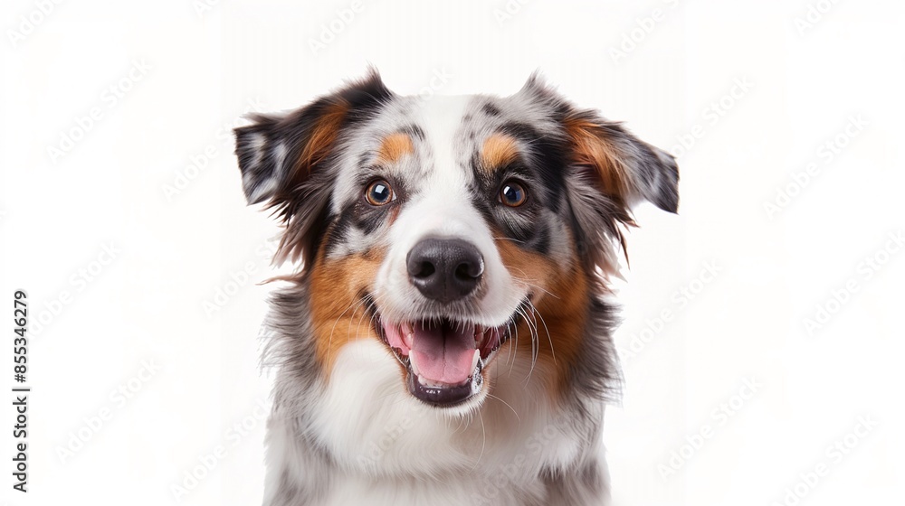 Portrait of a happy cute young Australian shepherd dog puppy isolated on white background, for funny animal portrait, happy smiling dog pet product, dog product display, furry friends, card decoration Portrait of a happy cute young Australian shepherd dog puppy isolated on white background, for funny animal portrait, happy smiling dog pet product, dog product display, furry friends, card decoration