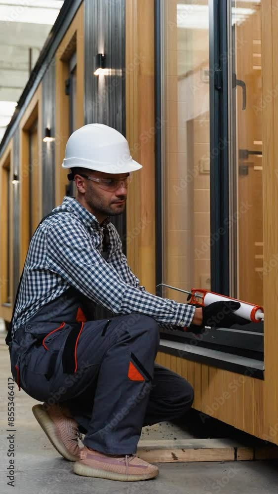 A worker is applying polyurethane foam to fill gap between sash and window frame in prefabricated modular house. Vertical video A worker is applying polyurethane foam to fill gap between sash and window frame in prefabricated modular house. Vertical video