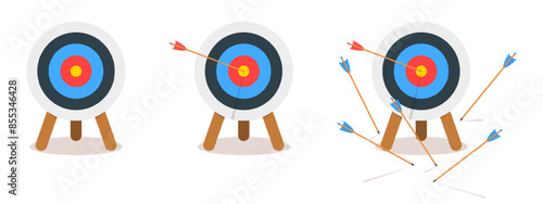 Set of archery dart boards with arrows hitting or missing bullseye. Target rings on tripods isolated on white background. Attempt in sports game or business. Vector cartoon illustration.