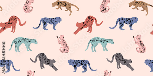 Seamless pattern with abstract silhouettes of leopards, cheetahs. Multi-colored spotted predatory animals. Vector graphics
