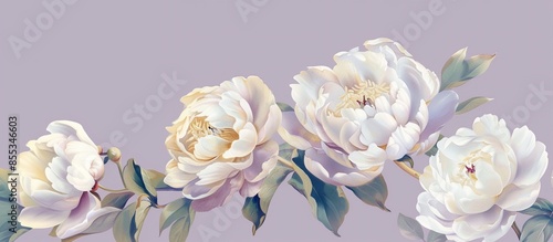 Fototapeta Naklejka Na Ścianę i Meble -  Decorative vintage painting of white peony flowers on graceful elegant light purple background, highly detailed illustration background, for wedding, home decorating, Ancient Oriental Chinese Japanese