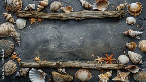 Seashells and wooden sticks create frame for text from above