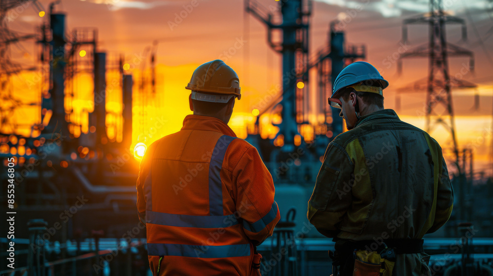 Two workers in hard hats and safety vests discuss operations at an industrial site during sunset, with machinery in the background. Two workers in hard hats and safety vests discuss operations at an industrial site during sunset, with machinery in the background.