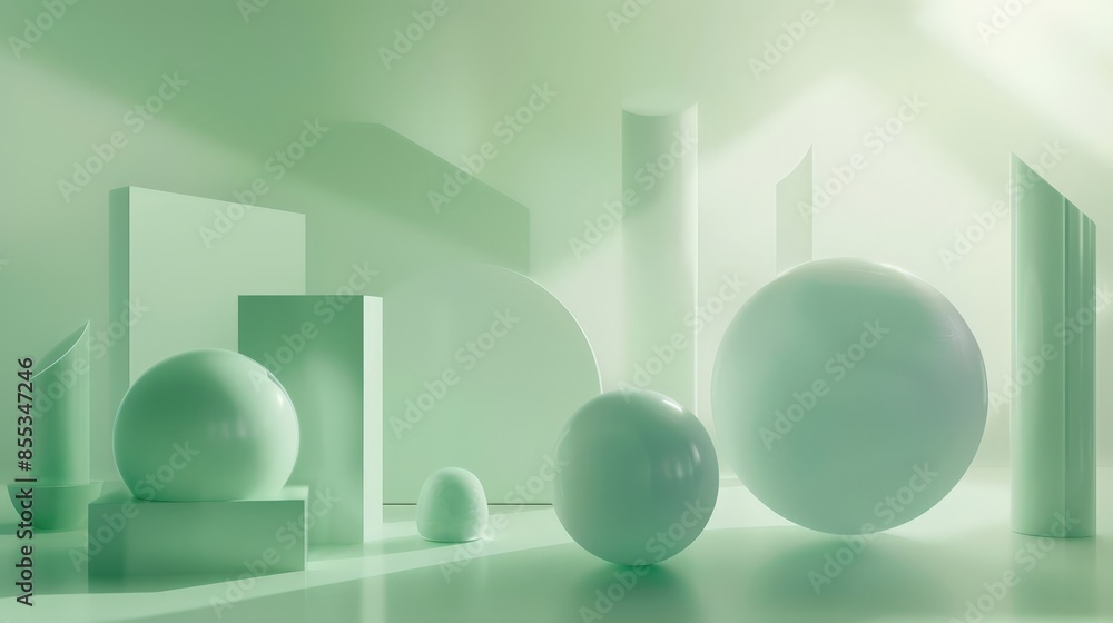 Abstract Art Gallery Display with Green Sphere Effect Abstract Art Gallery Display with Green Sphere Effect