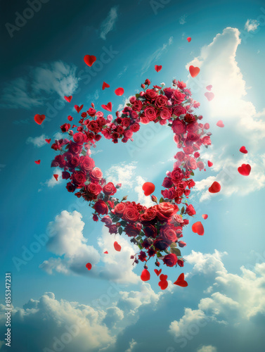 Heart made of flying rose petals against cloudy blue sky. Creative Valentine's day, love or floral concept. Surreal mock up or greeting card aesthetic background.