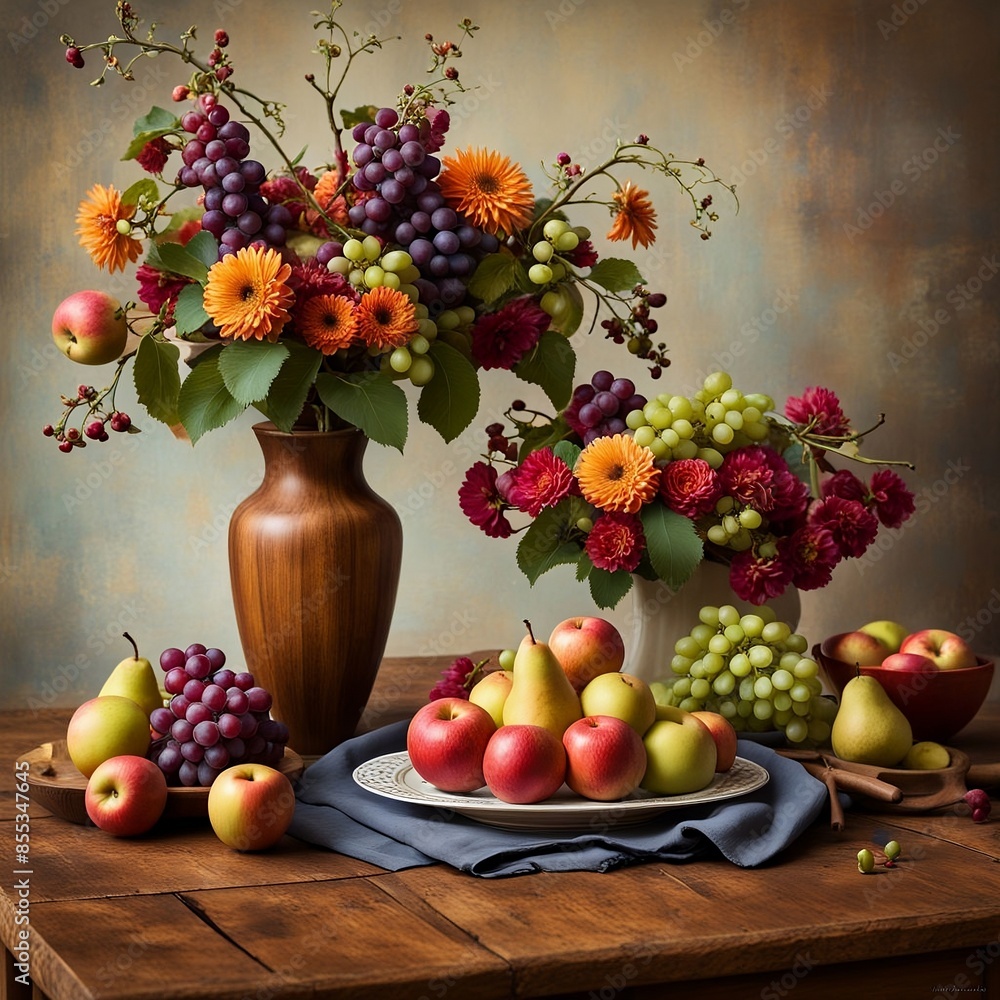 Still Life Elegance: Fruits and Flowers in Harmony Still Life Elegance: Fruits and Flowers in Harmony