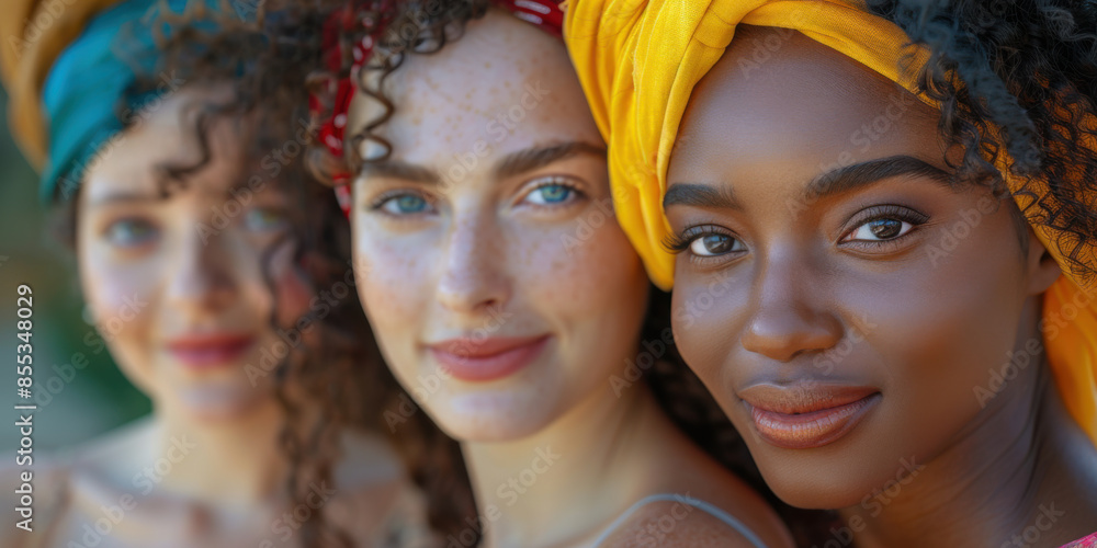 Three diverse women with curly hair and colorful head wraps smiling, showcasing beauty, friendship, and cultural diversity. Three diverse women with curly hair and colorful head wraps smiling, showcasing beauty, friendship, and cultural diversity.