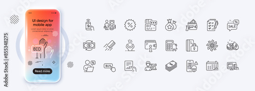 Versatile, Armed robbery and Discounts bubble line icons for web app. Phone mockup gradient screen. Pack of Calendar graph, Bid offer, Phone payment pictogram icons. Vector