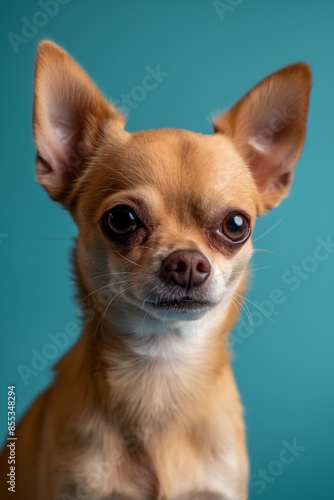 Chihuahua dog on minimalistic colorful background with Copy Space. Perfect for banners, veterinary ads, pet food promotions, and minimalist designs. © Darya