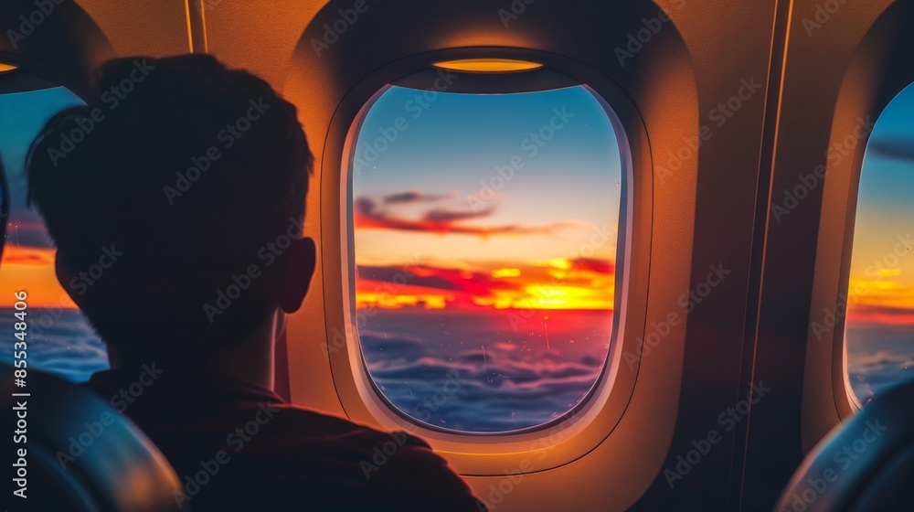 Fototapeta premium Sunset View from Airplane Window: Aerial Perspective on a Serene Sky