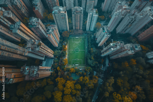 Aerial view of a football pitch in a densely populated urban area