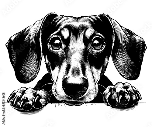 Hand drawn cute peeking dachshund, vector sketch isolated on transparent background.	