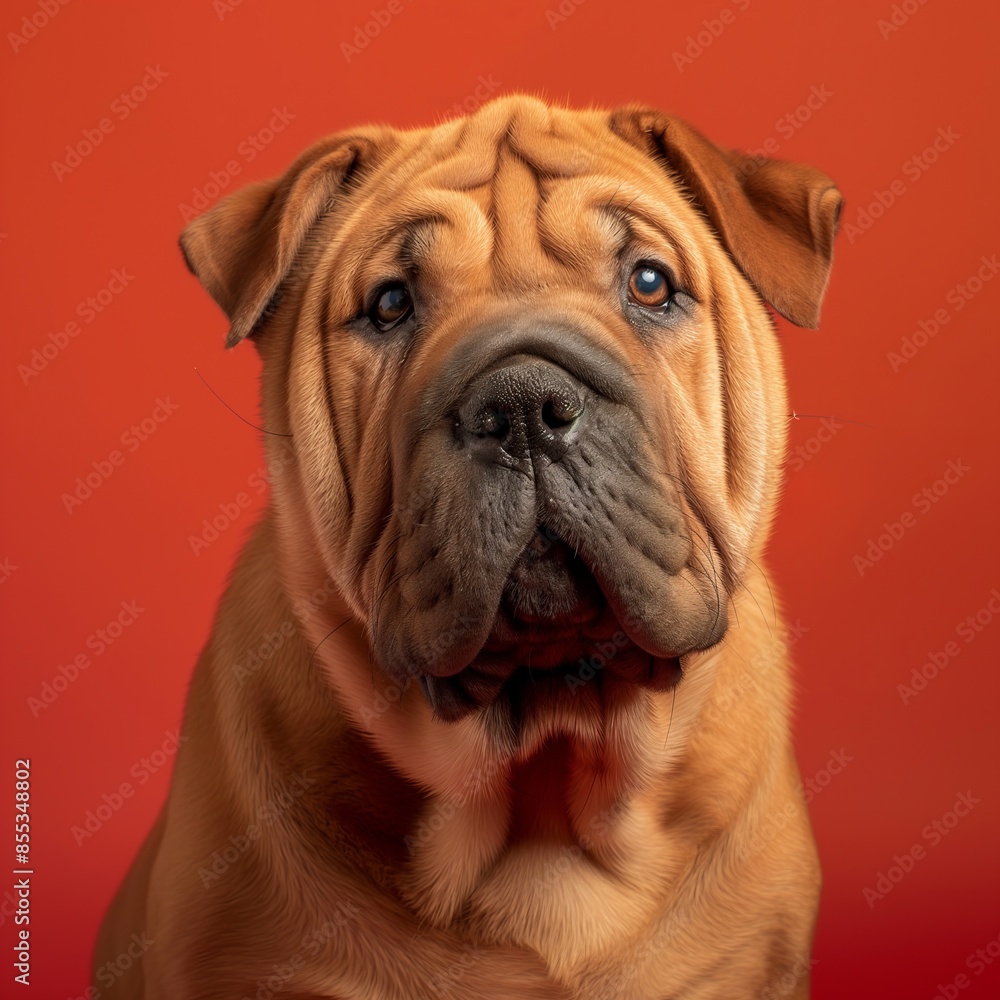 Obraz premium Chinese Shar-Pei dog on minimalistic colorful background with Copy Space. Perfect for banners, veterinary ads, pet food promotions, and minimalist designs.