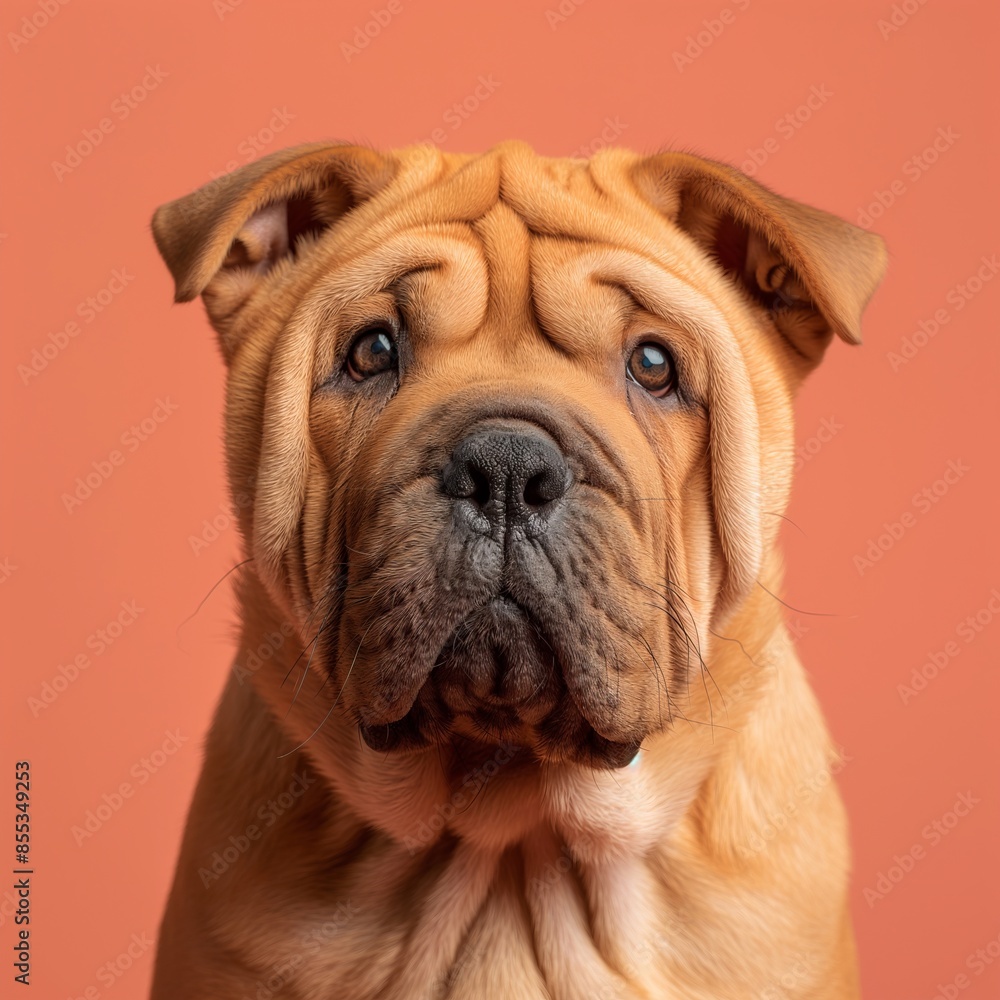 Obraz premium Chinese Shar-Pei dog on minimalistic colorful background with Copy Space. Perfect for banners, veterinary ads, pet food promotions, and minimalist designs.